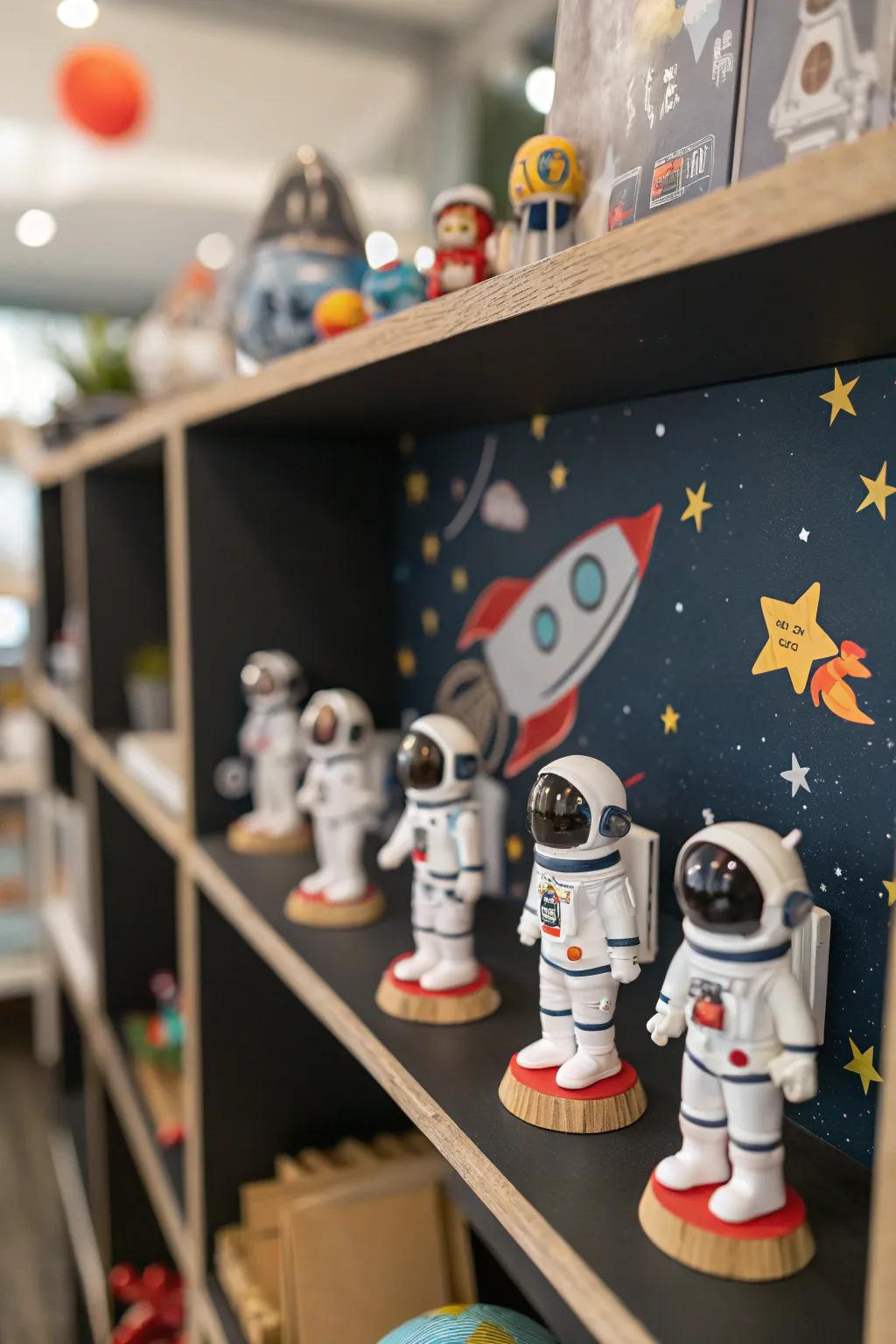 Astronaut figurines add a playful element to your space-themed decor.