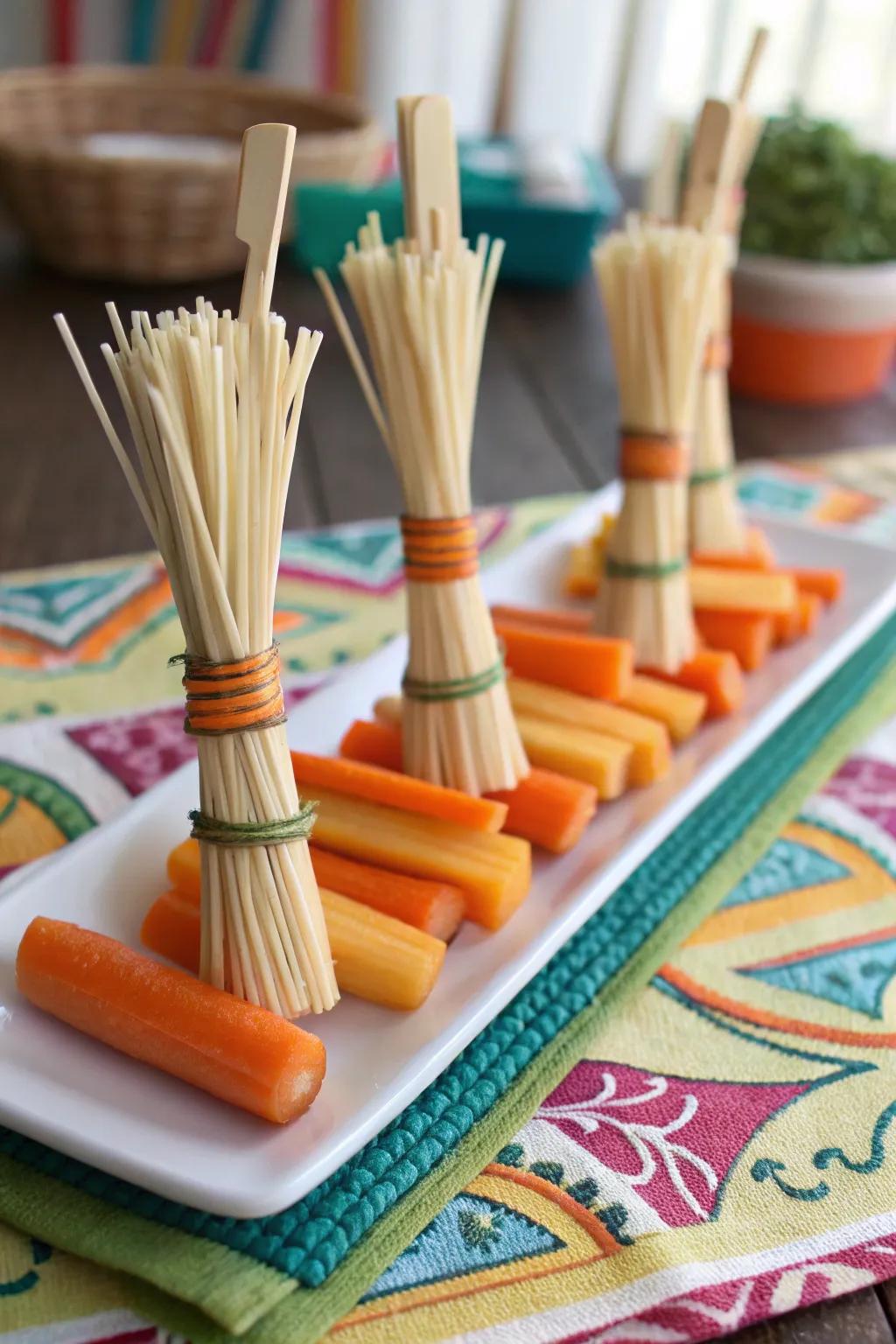 Broomstick carrot sticks sweeping up a healthy snack option.