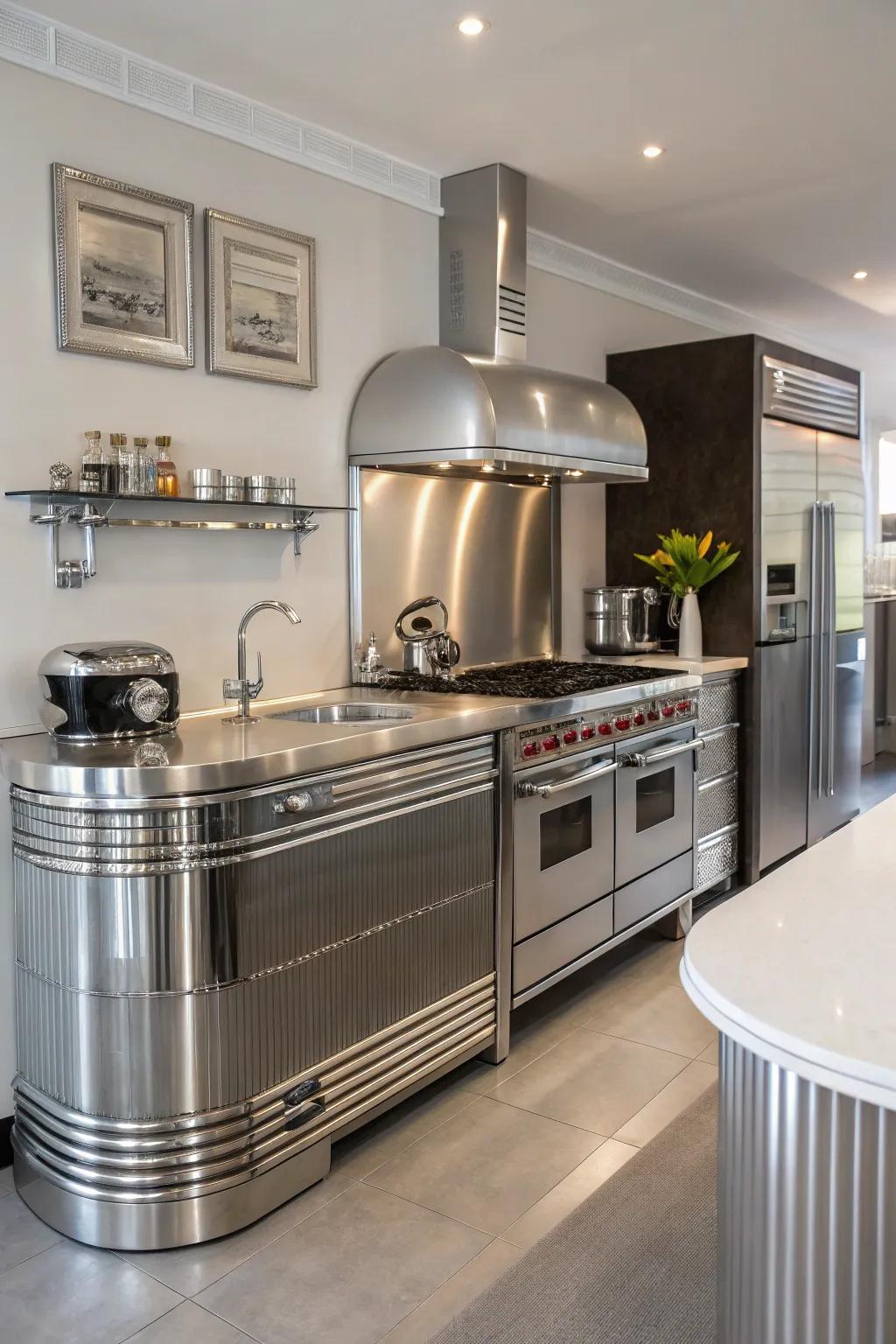 A retro-futuristic kitchen with whimsical stainless steel design.