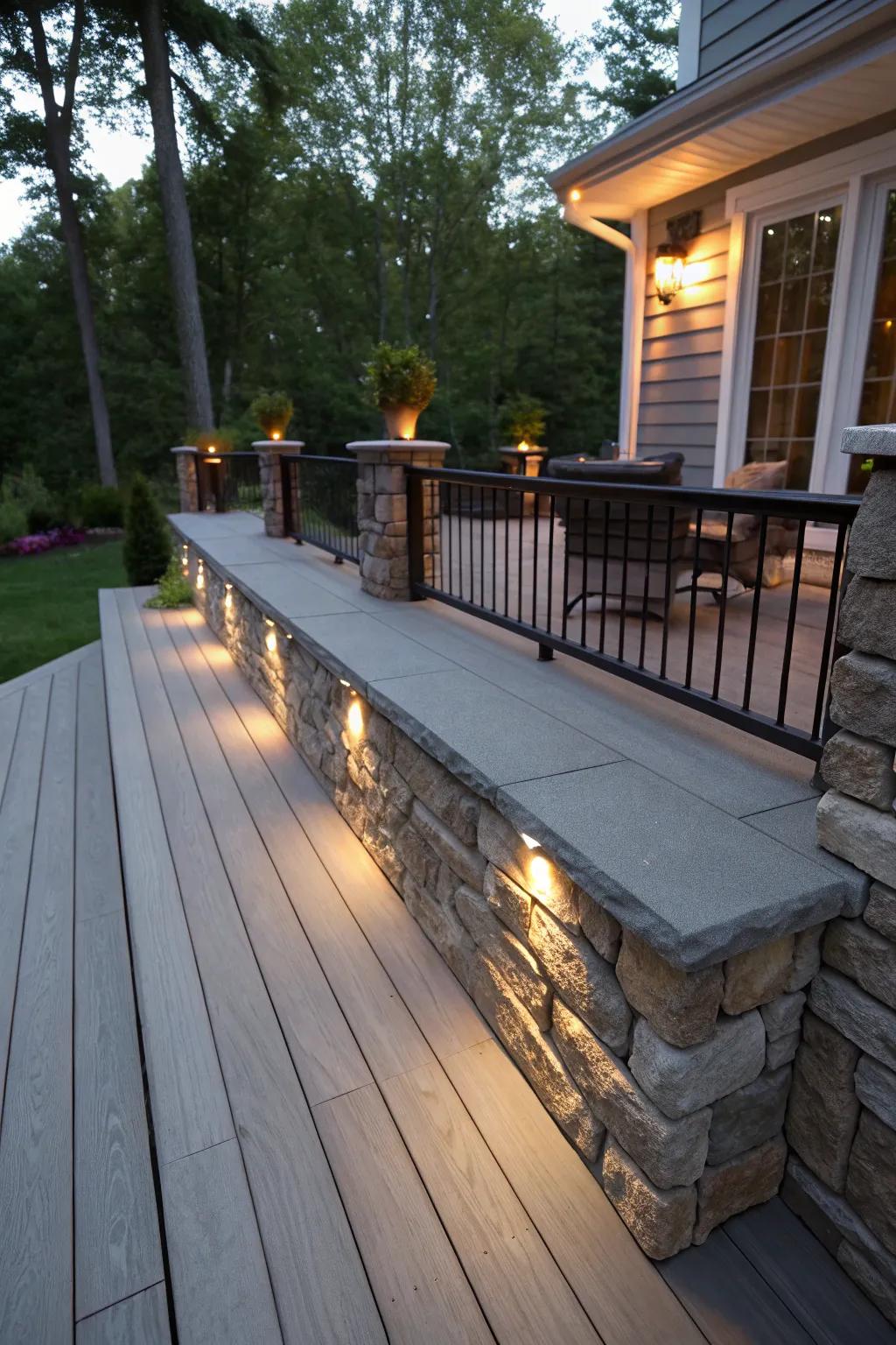 An inviting deck illuminated by built-in lighting within the stone skirting.