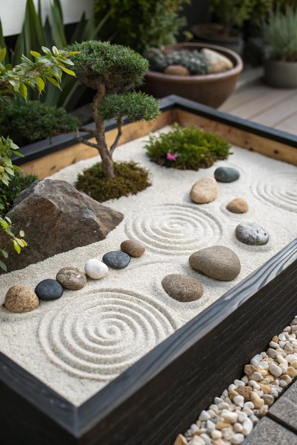 A tranquil mini tabletop Zen garden for meditation.