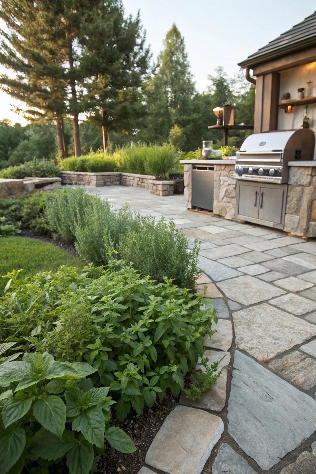 A stone patio featuring a convenient herb garden.