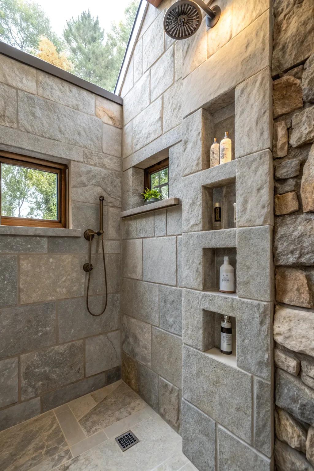 Stone niches offer a seamless storage solution in showers.