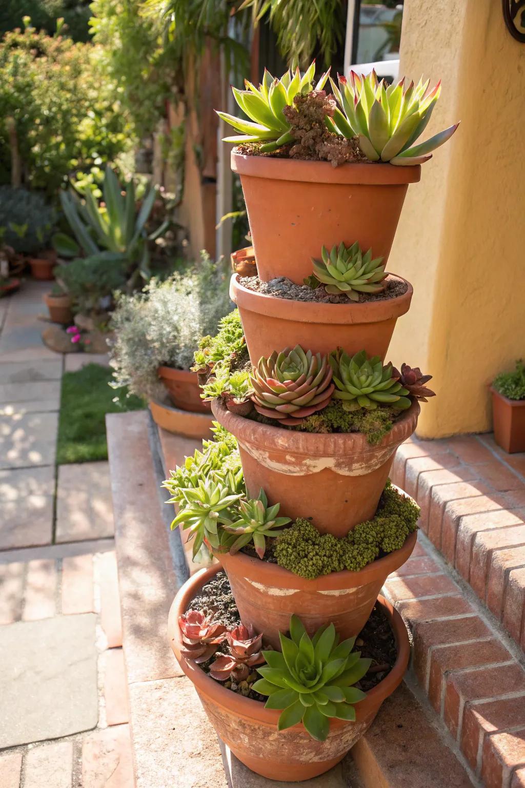 Terracotta pot towers add height and drama to succulent displays.