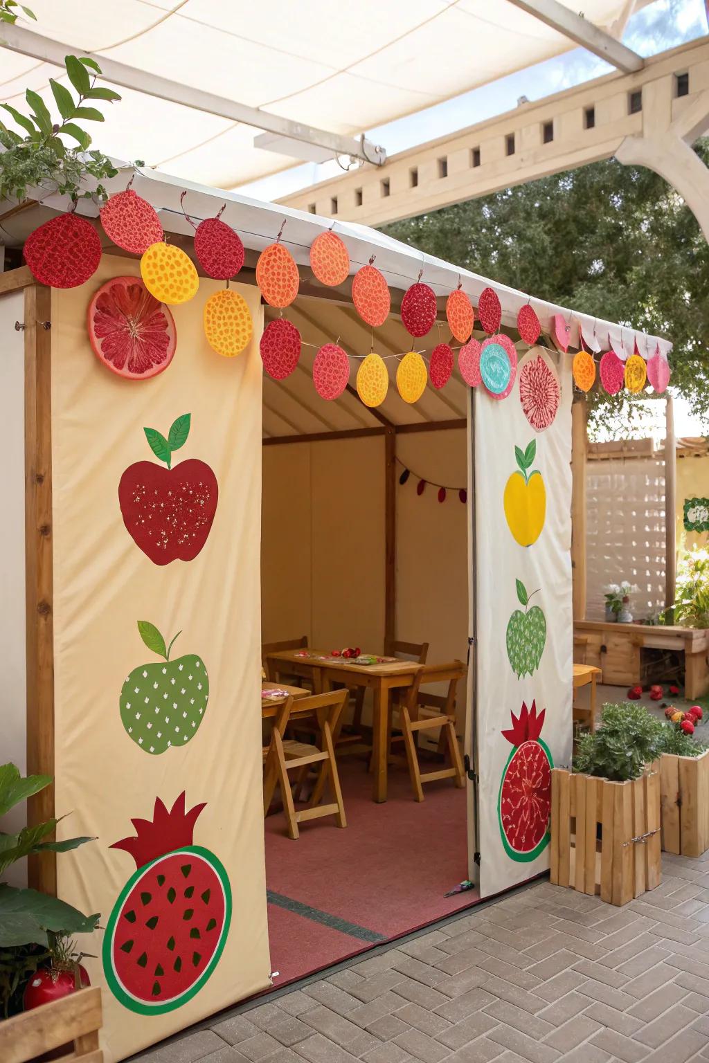 A playful sukkah with colorful DIY fruit cutouts of pomegranates and apples.