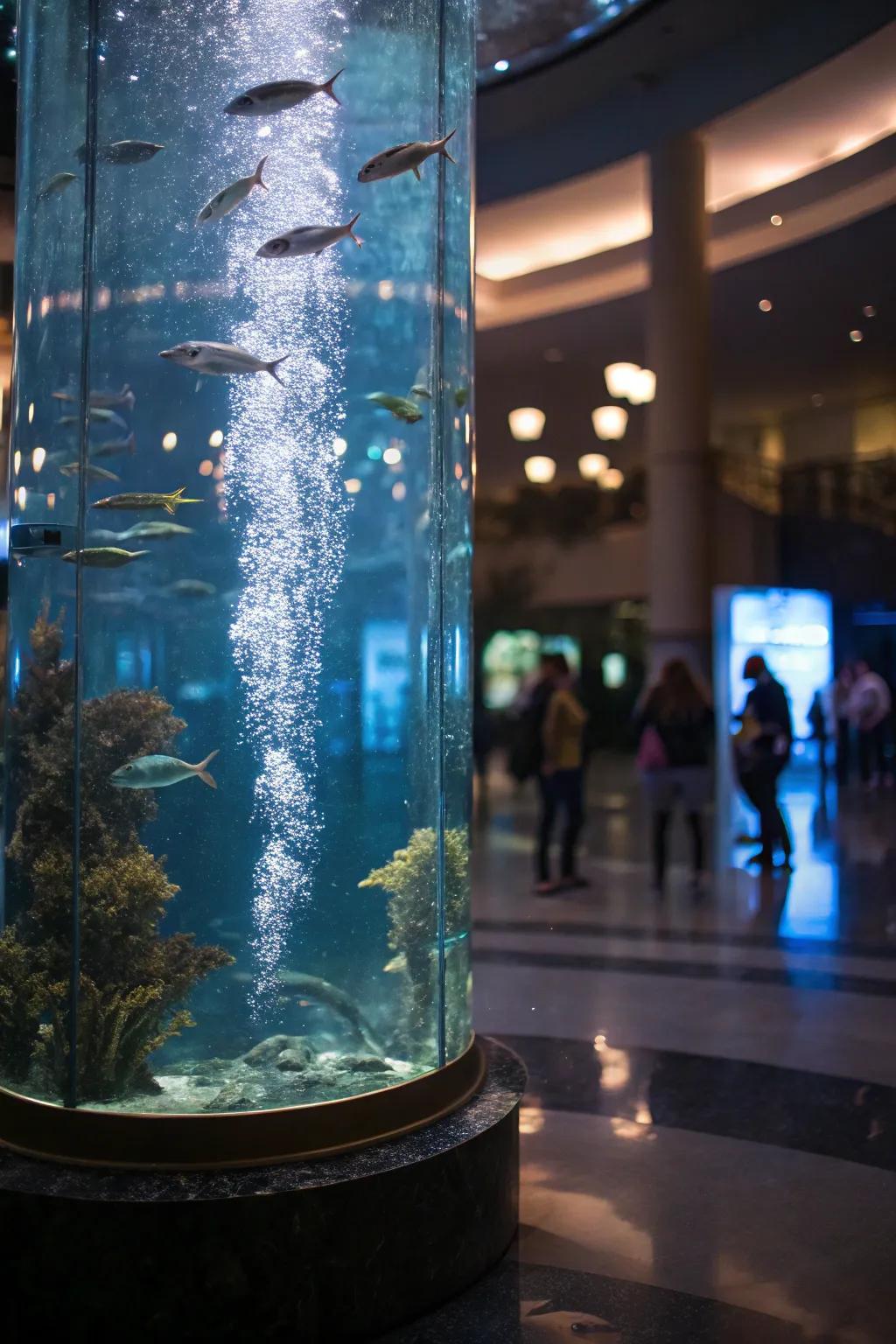 A tall aquarium with a reflective water surface adding depth.