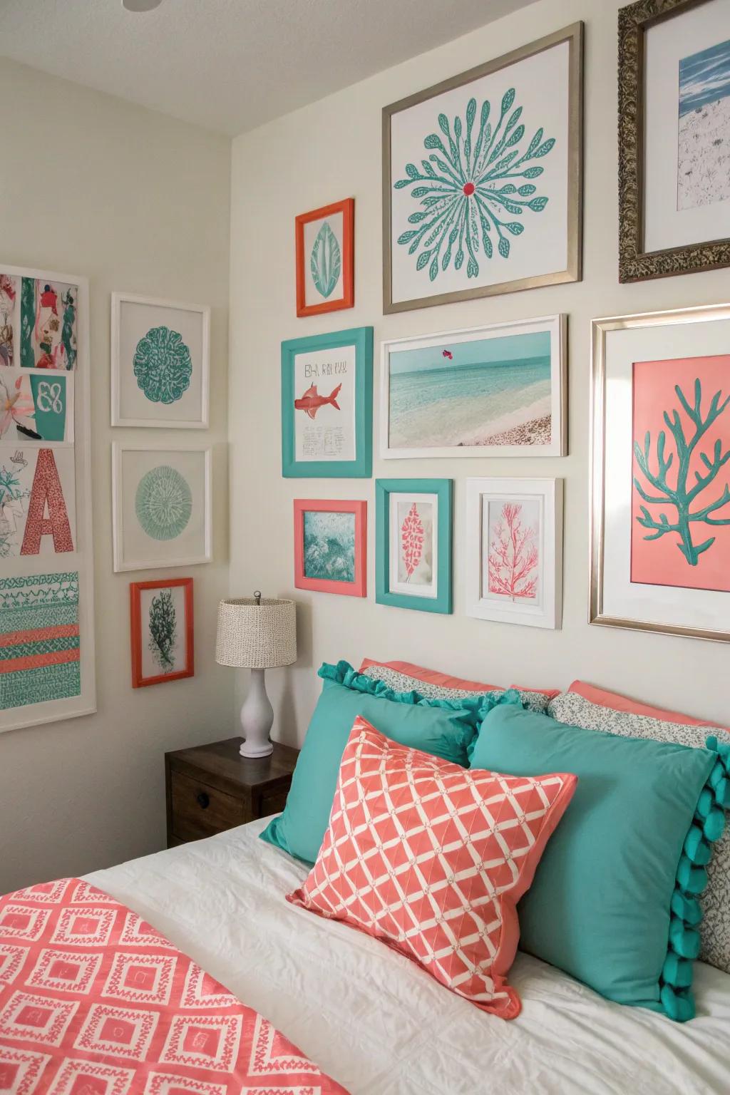 Teal and coral gallery wall expressing personal style.