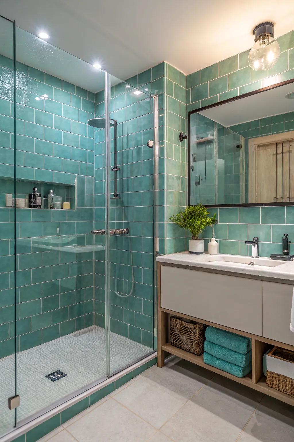 Teal tiles and modern fixtures transform your bathroom into a spa retreat.