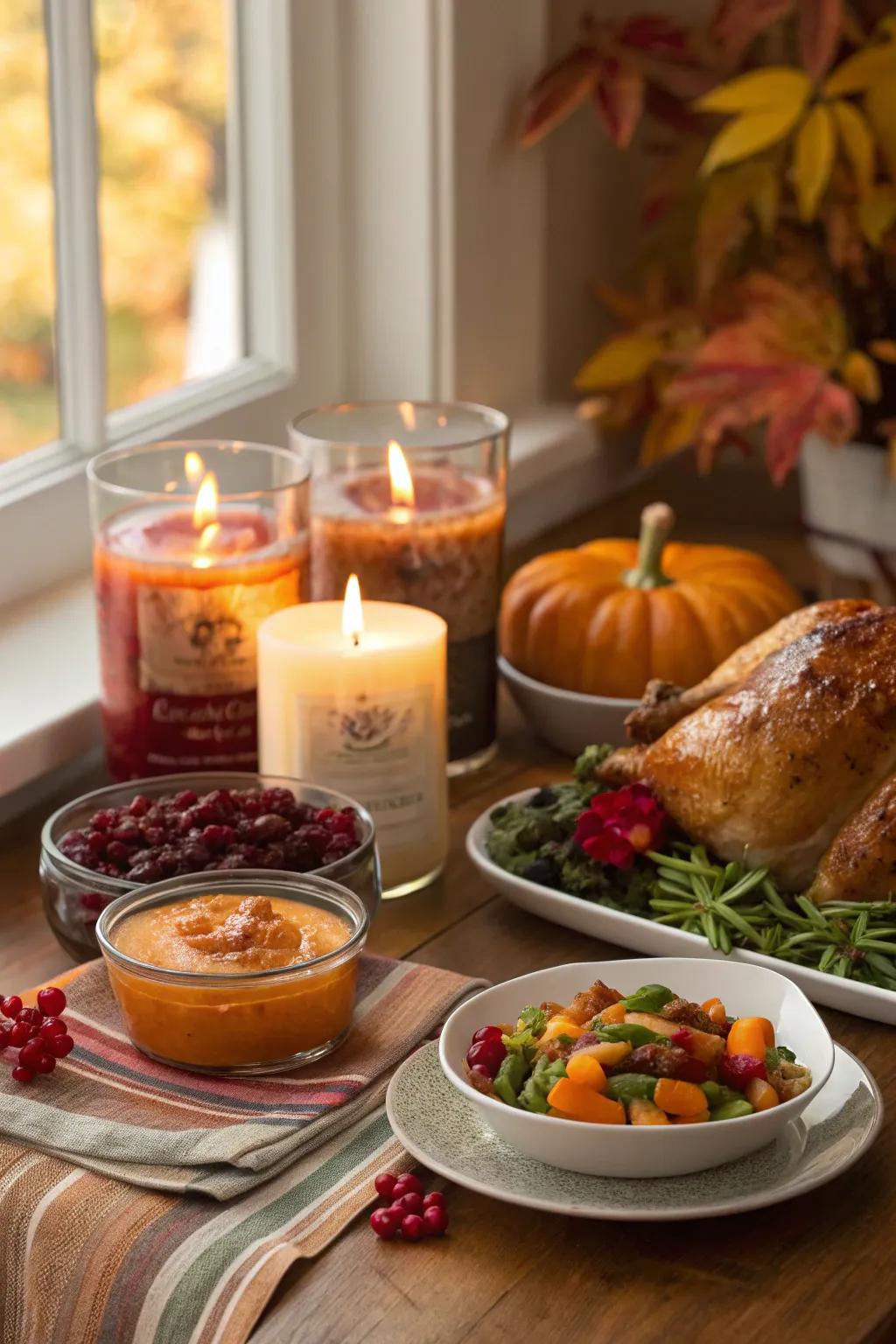 Fall-scented candles enhance the festive atmosphere.