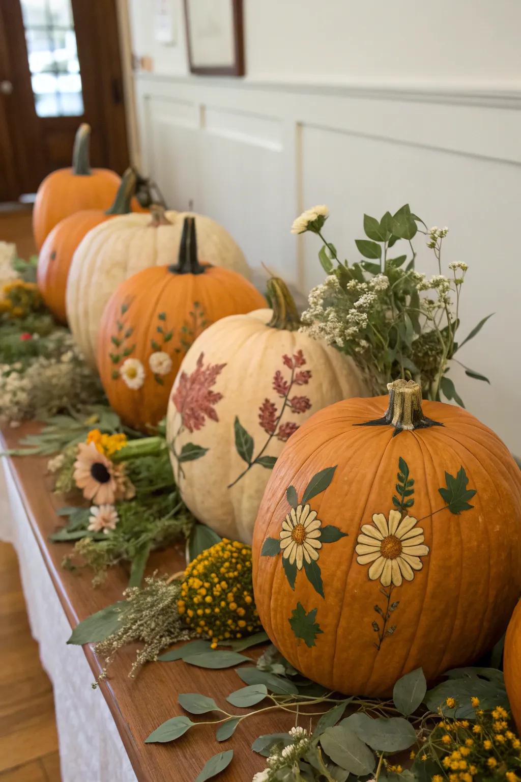 Pressed flower pumpkins offer a unique decorative twist.