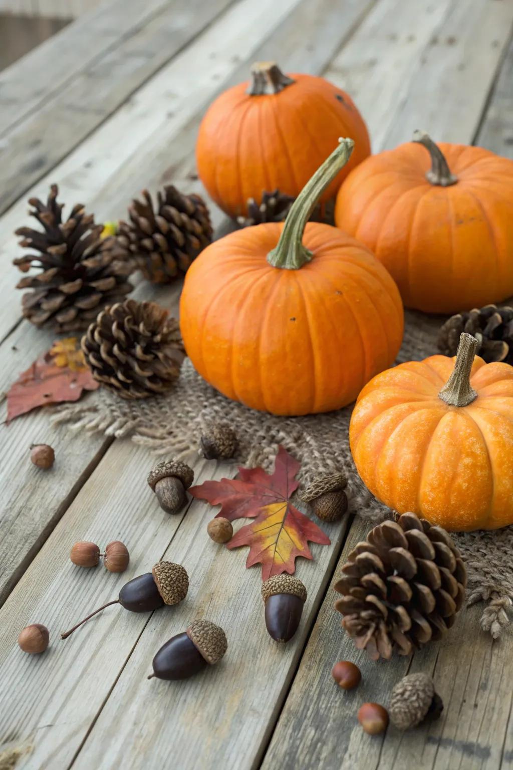 Rustic nature-inspired pumpkin arrangements.