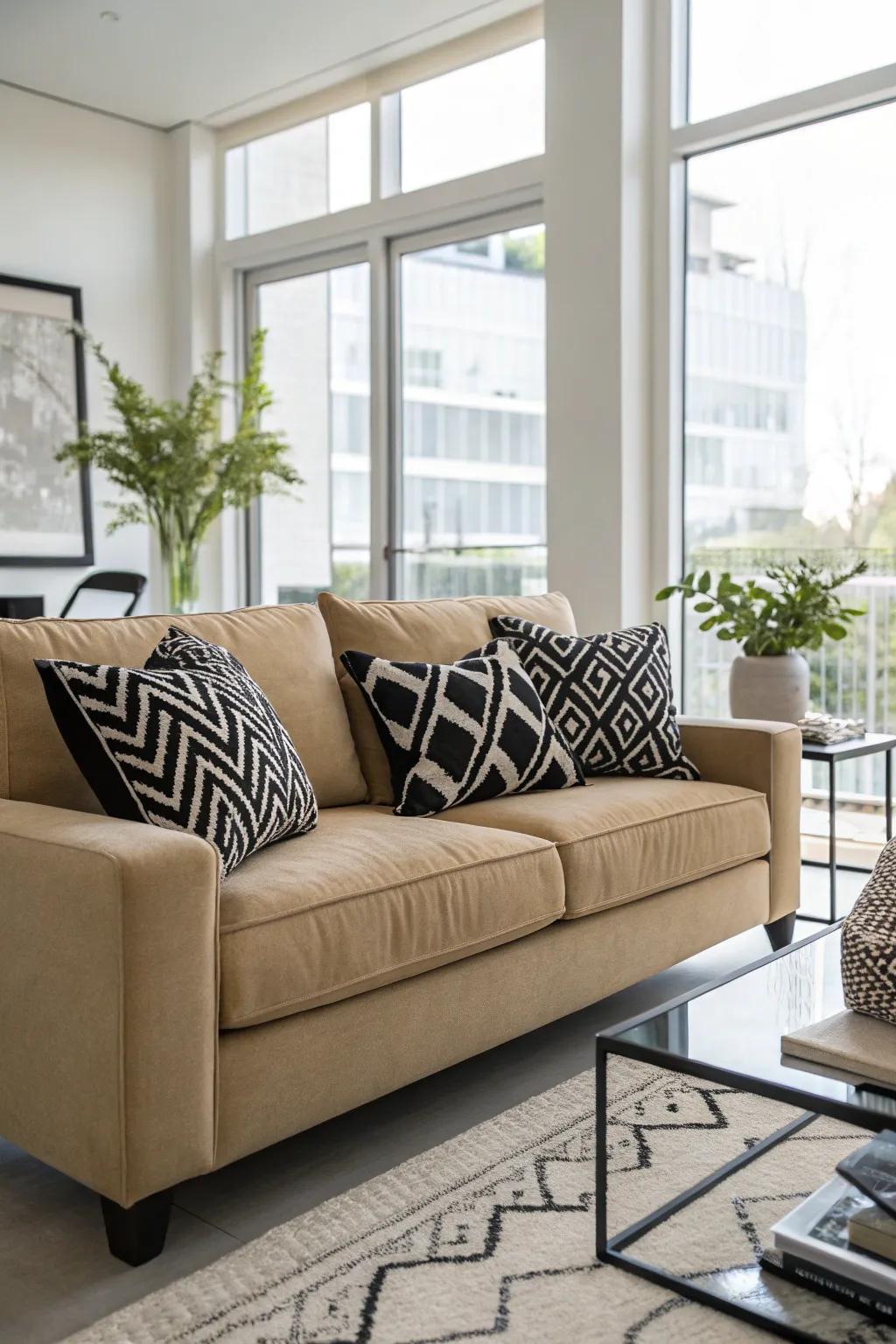 Black and white pillows create a bold and timeless contrast.