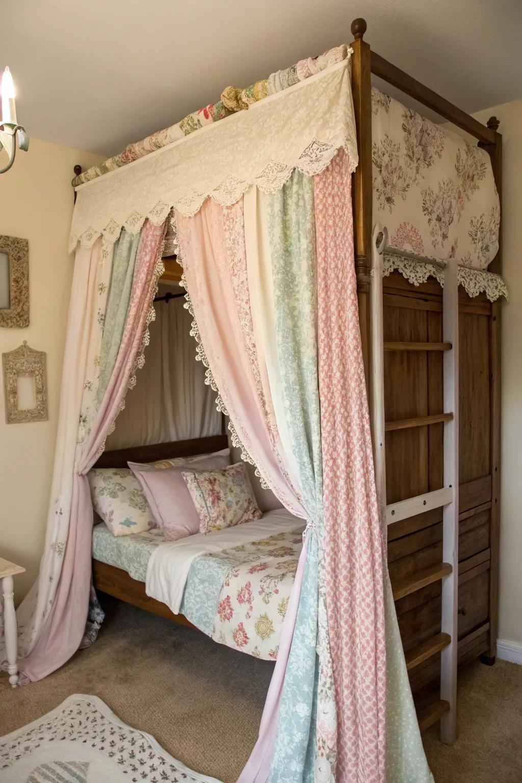 Vintage fabrics give the canopy a nostalgic charm.