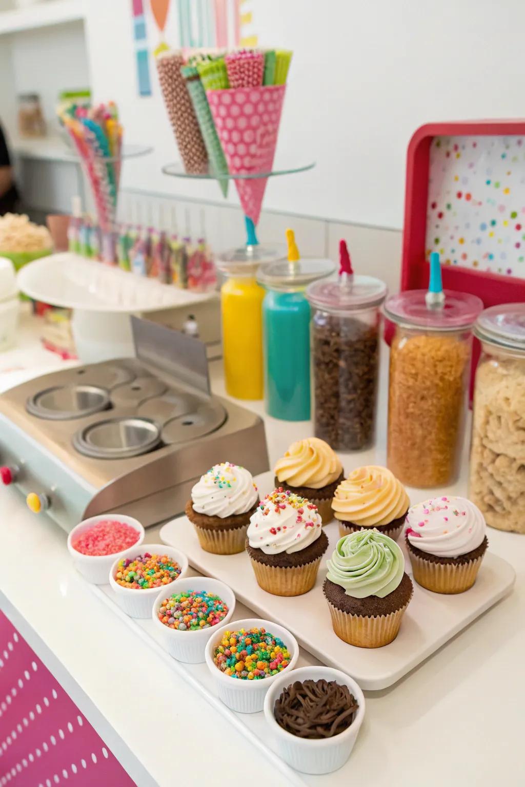 Cupcake decorating station with assorted toppings.