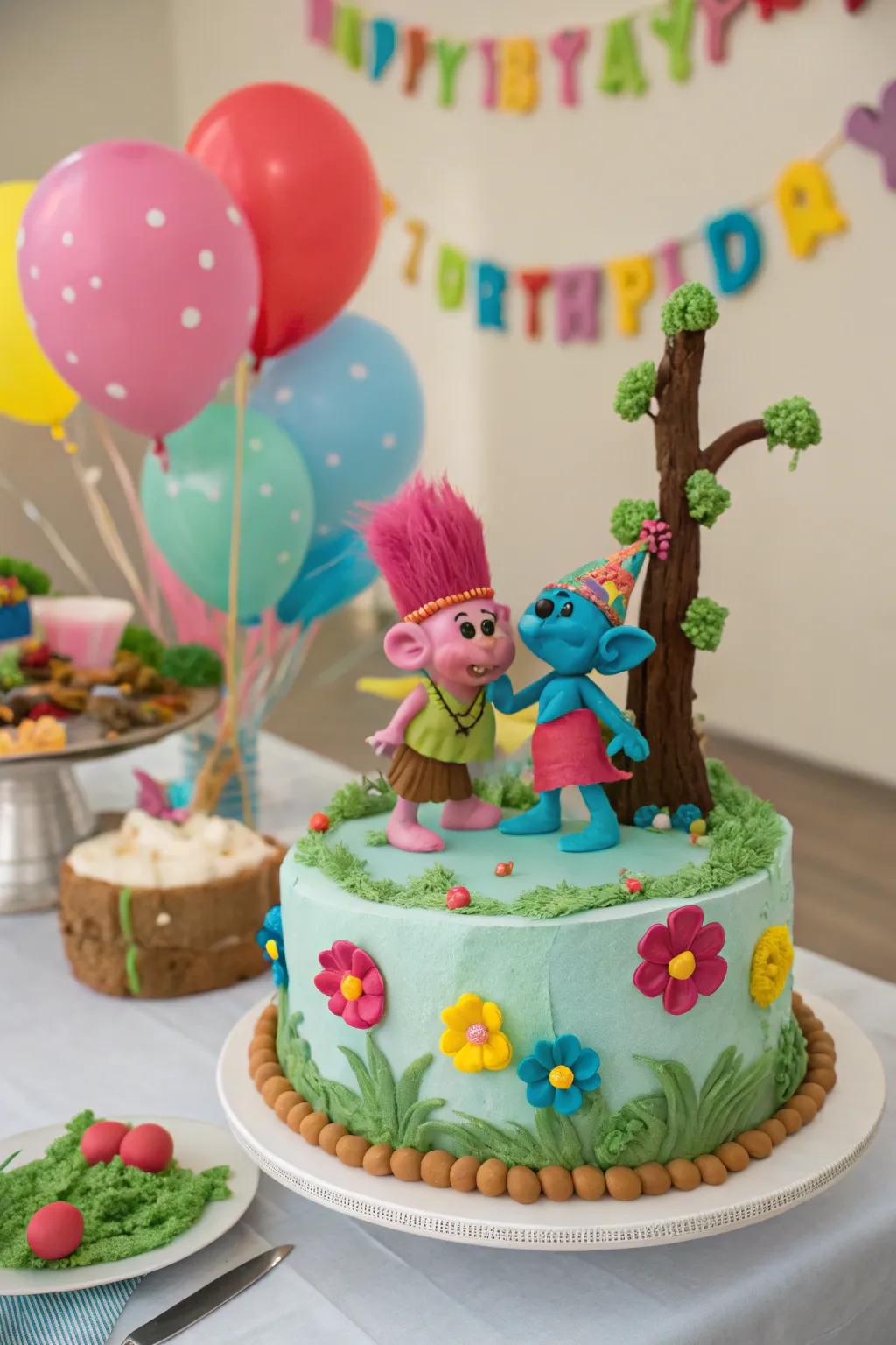 A 3D Trolls cake that's a visual masterpiece.