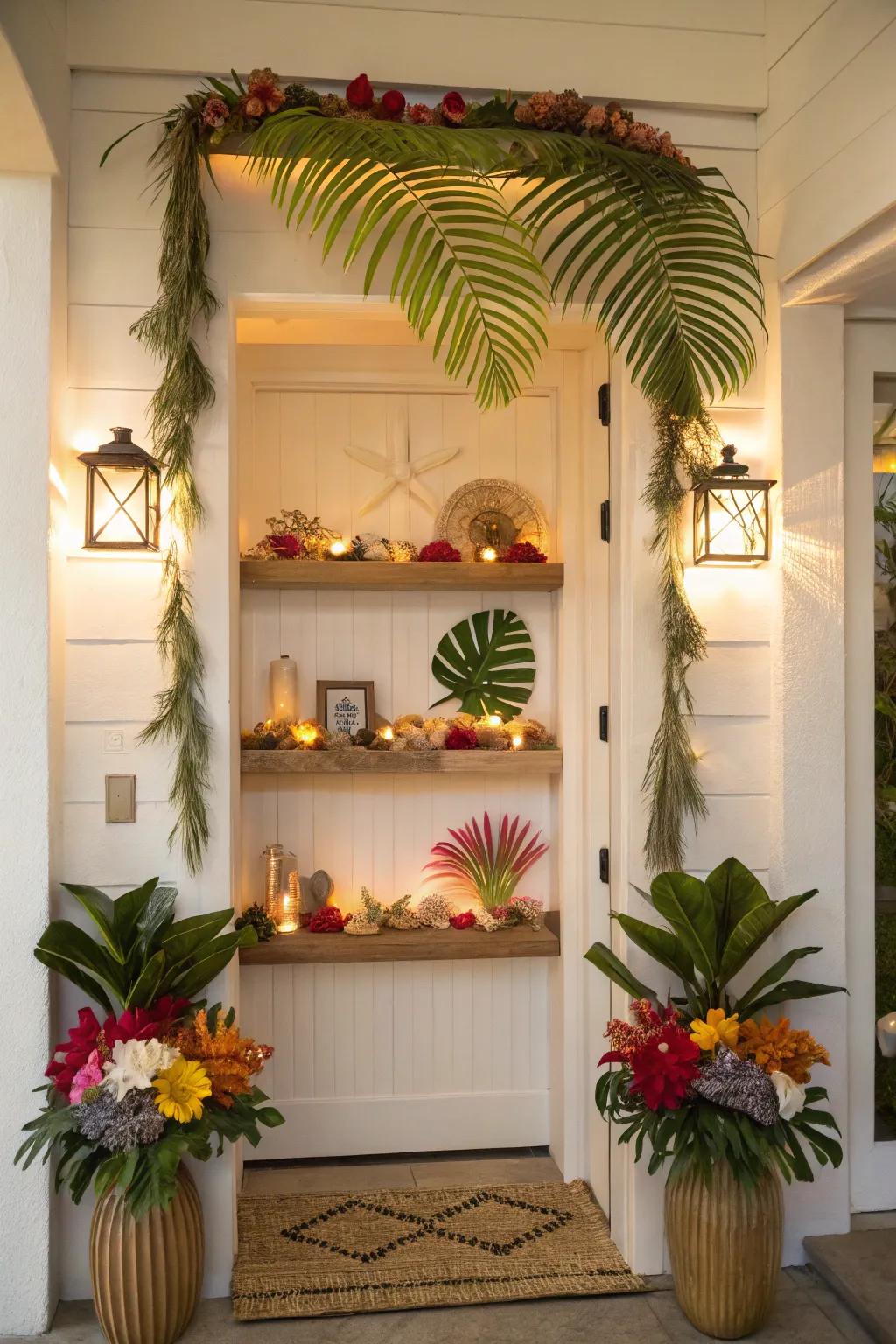 Floating shelves showcase tropical decor and souvenirs in the entryway.