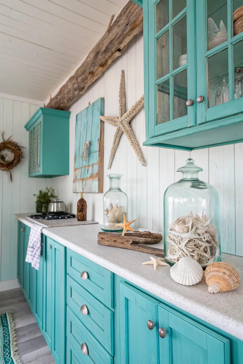 Coastal decor elements creating a beach-like atmosphere in a turquoise kitchen.