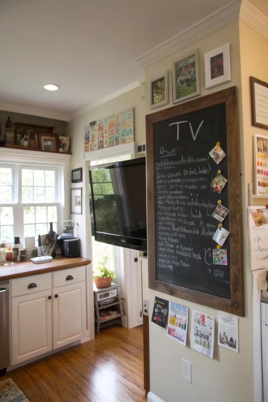 A chalkboard-framed TV in the kitchen, adding functionality and creativity.