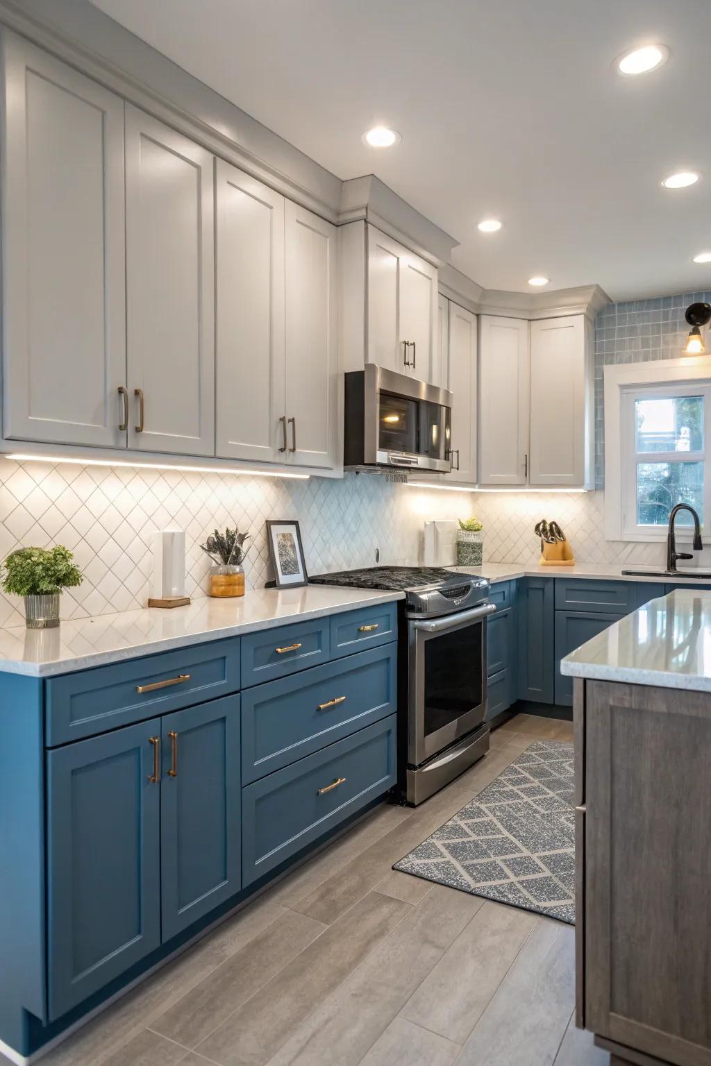 A cool blue and gray kitchen for a serene ambiance.