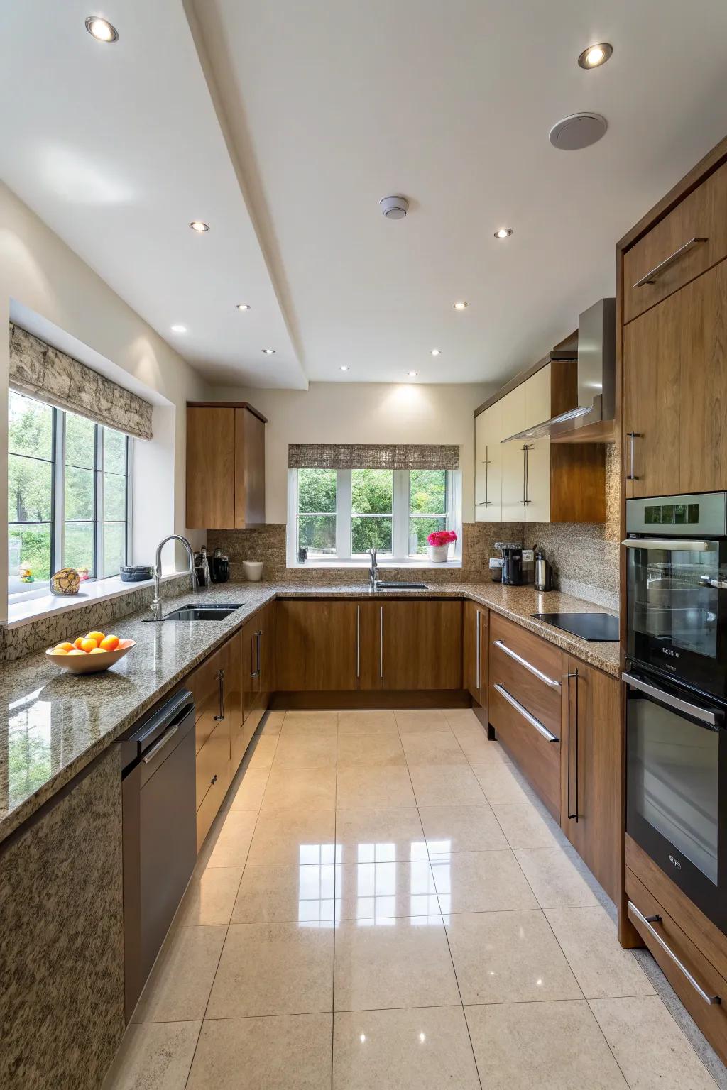 Contrasting materials add dimension and highlight specific kitchen areas.