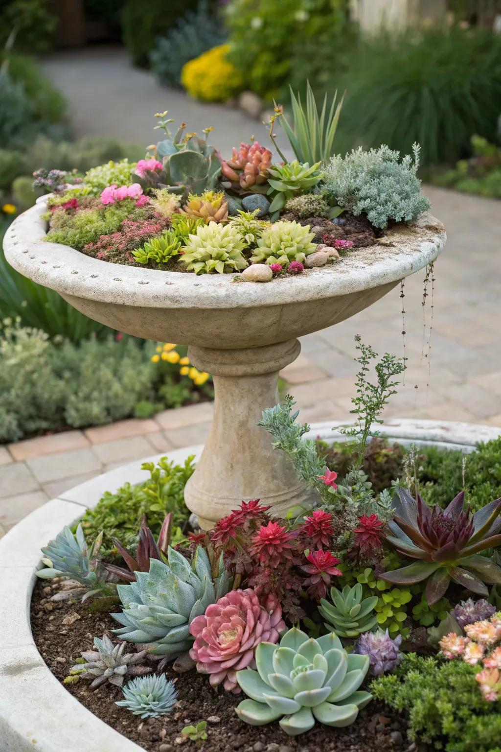 A birdbath transformed into a stunning succulent centerpiece.