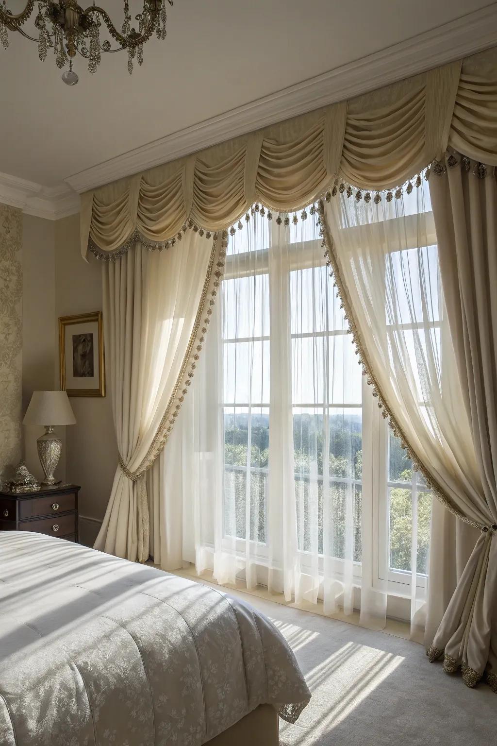 A window with a scalloped-edge valance in an elegant bedroom.
