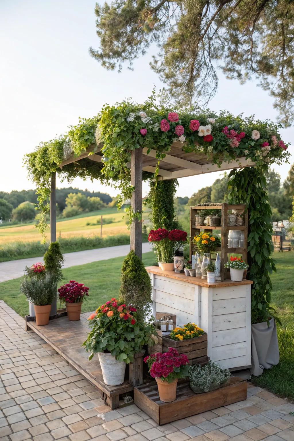 A fresh garden-inspired booth with lush greenery.