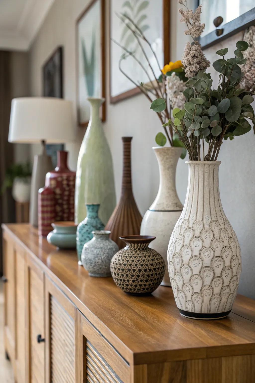 Mixing different vase styles creates a unique and personal decor.