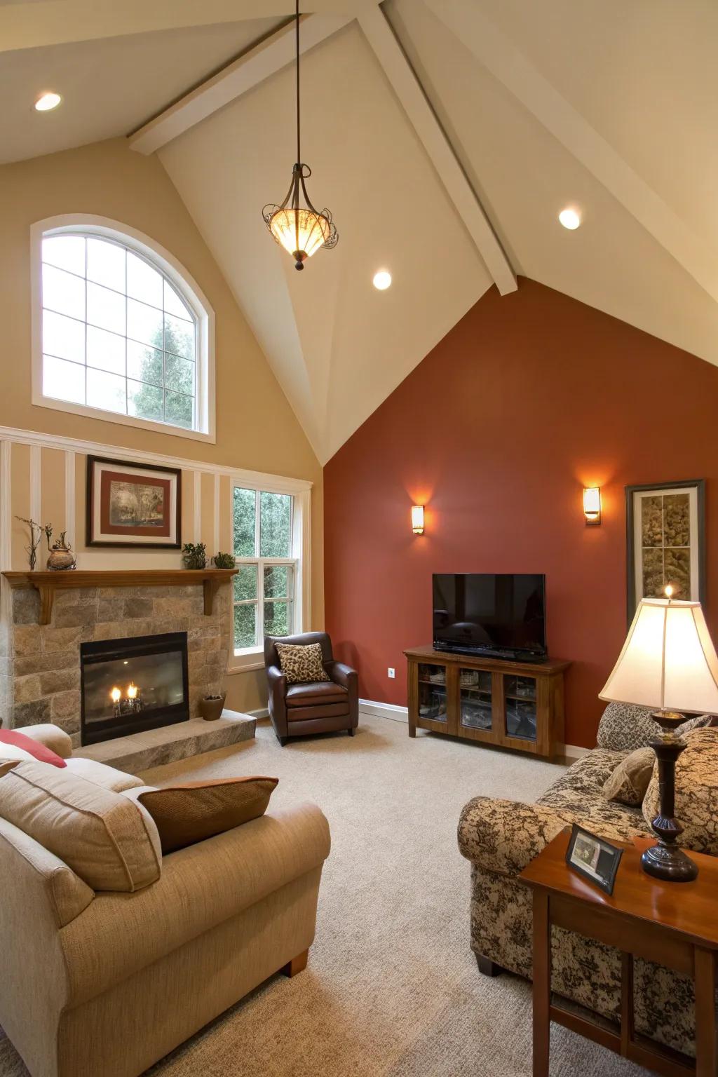 Living room with vaulted ceiling and two-tone painted accent wall