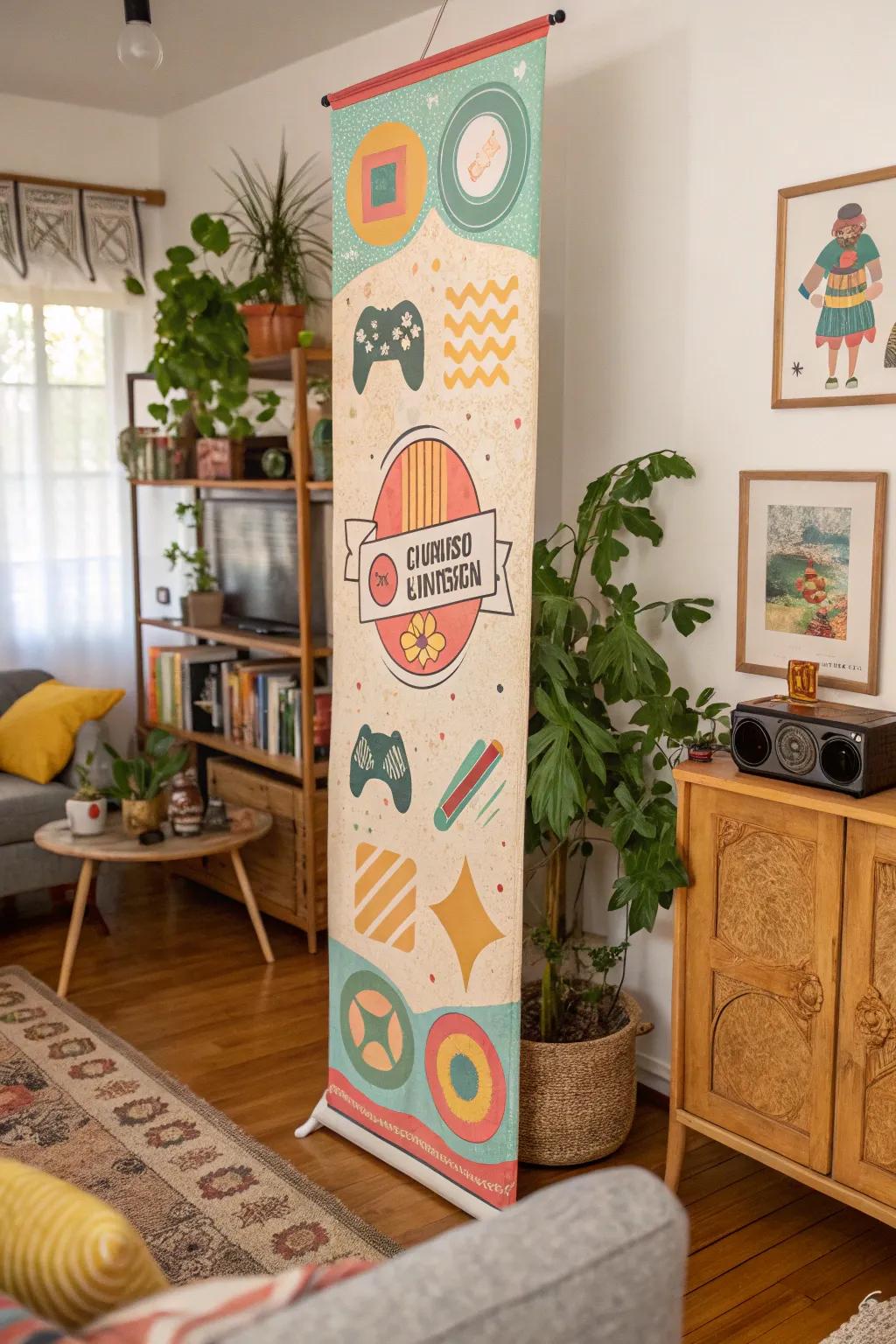 Retro graphics on a vertical banner bring playful energy to an eclectic room.