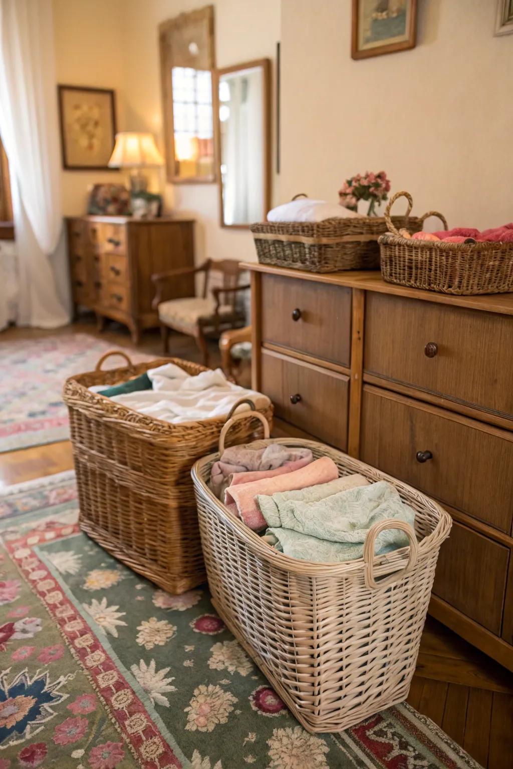 Wicker baskets providing both function and vintage charm.