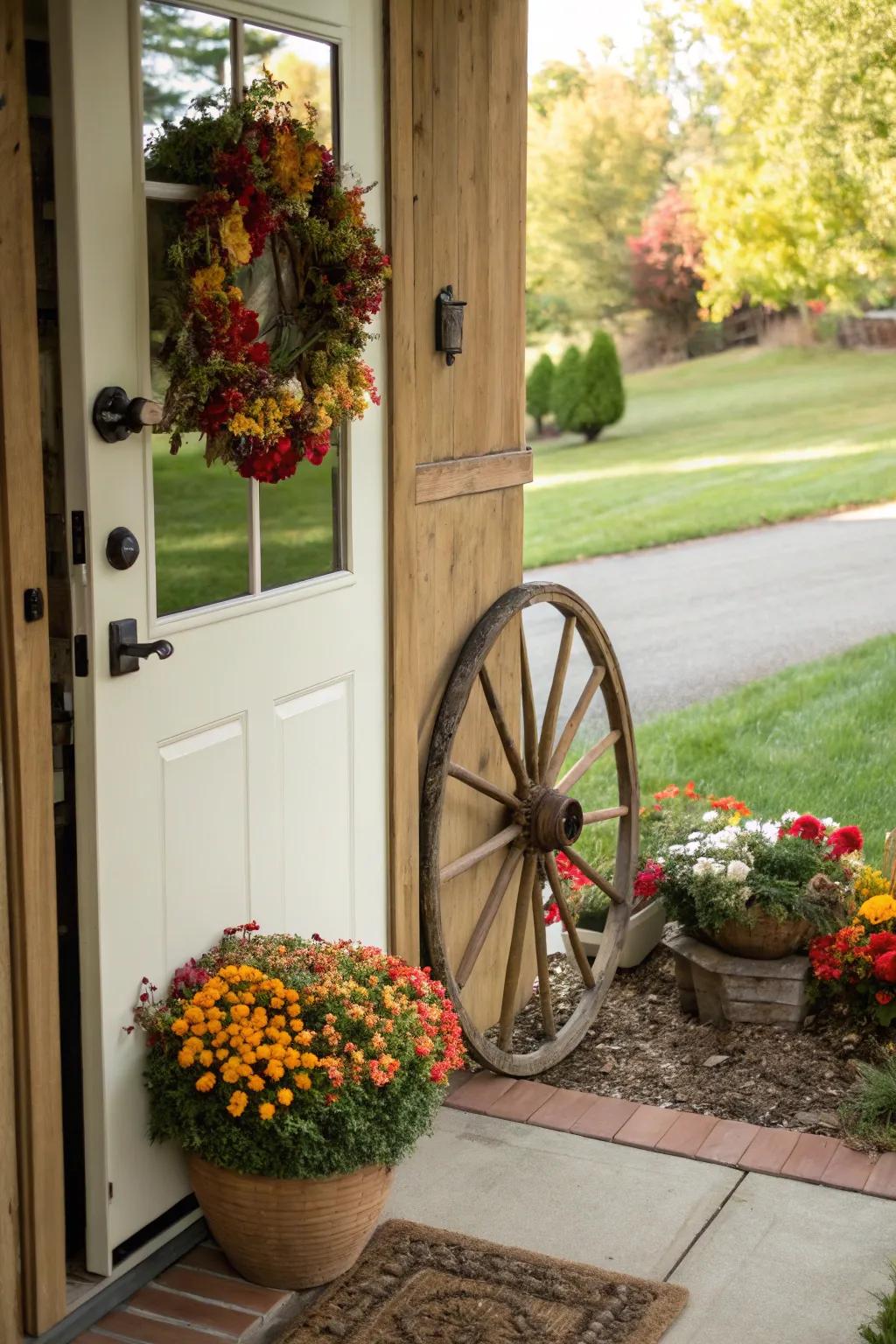 A flower-adorned wagon wheel adds a delightful touch to this door.