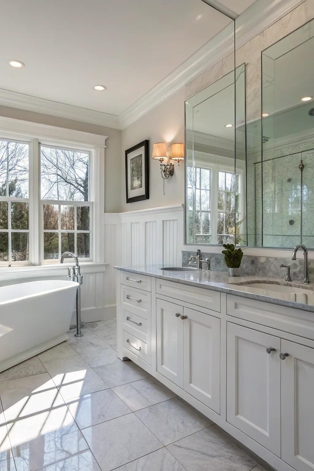 Glass elements and white wainscoting create a sleek, modern bathroom.