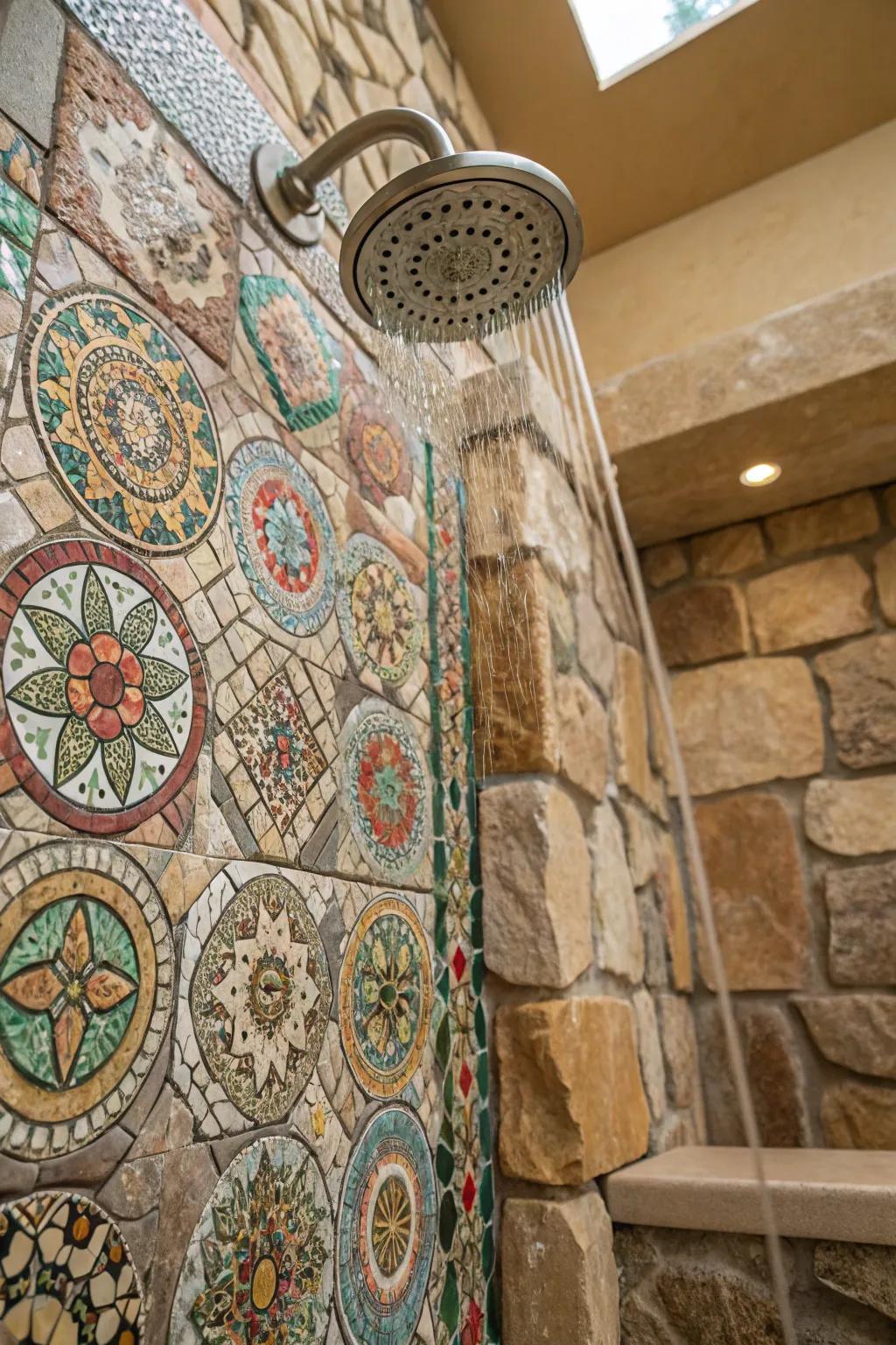 Shower with mosaic tile patterns and stone textures.