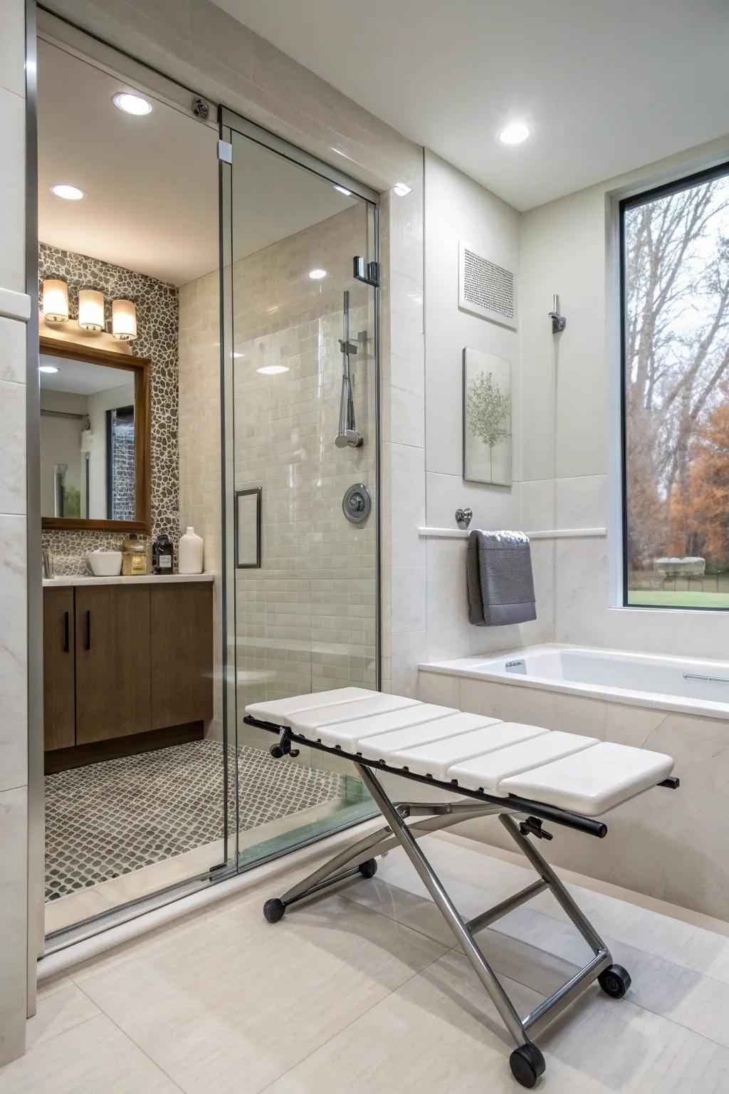 A foldable hidden bench maximizes space efficiency in the shower.