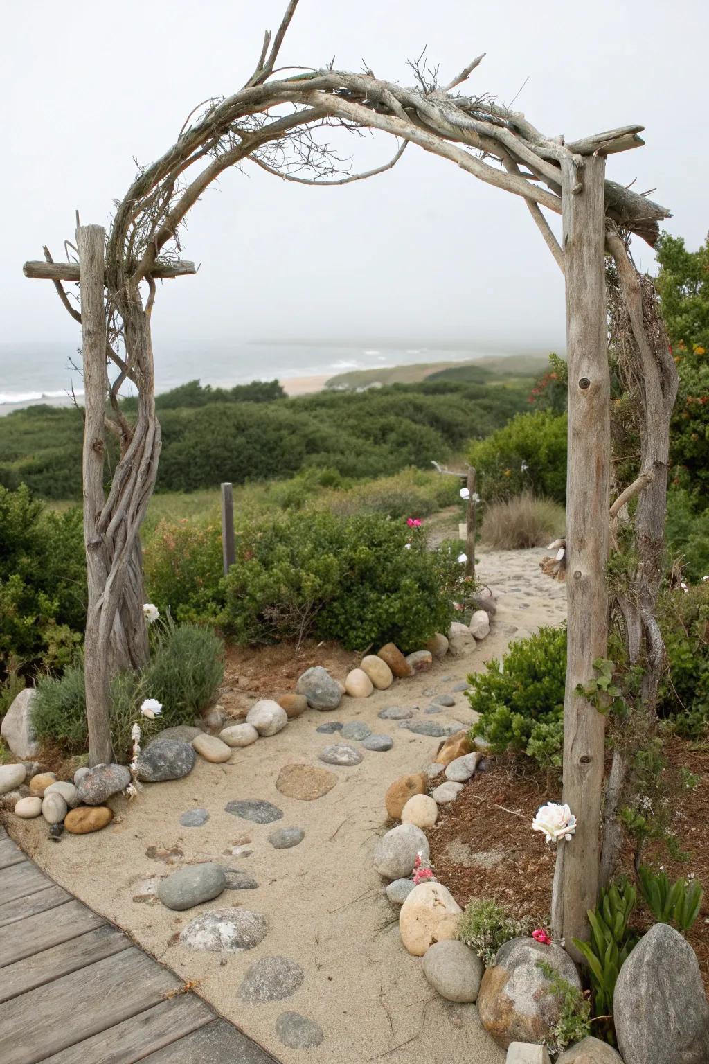 Driftwood arches bring a touch of coastal charm to garden spaces.