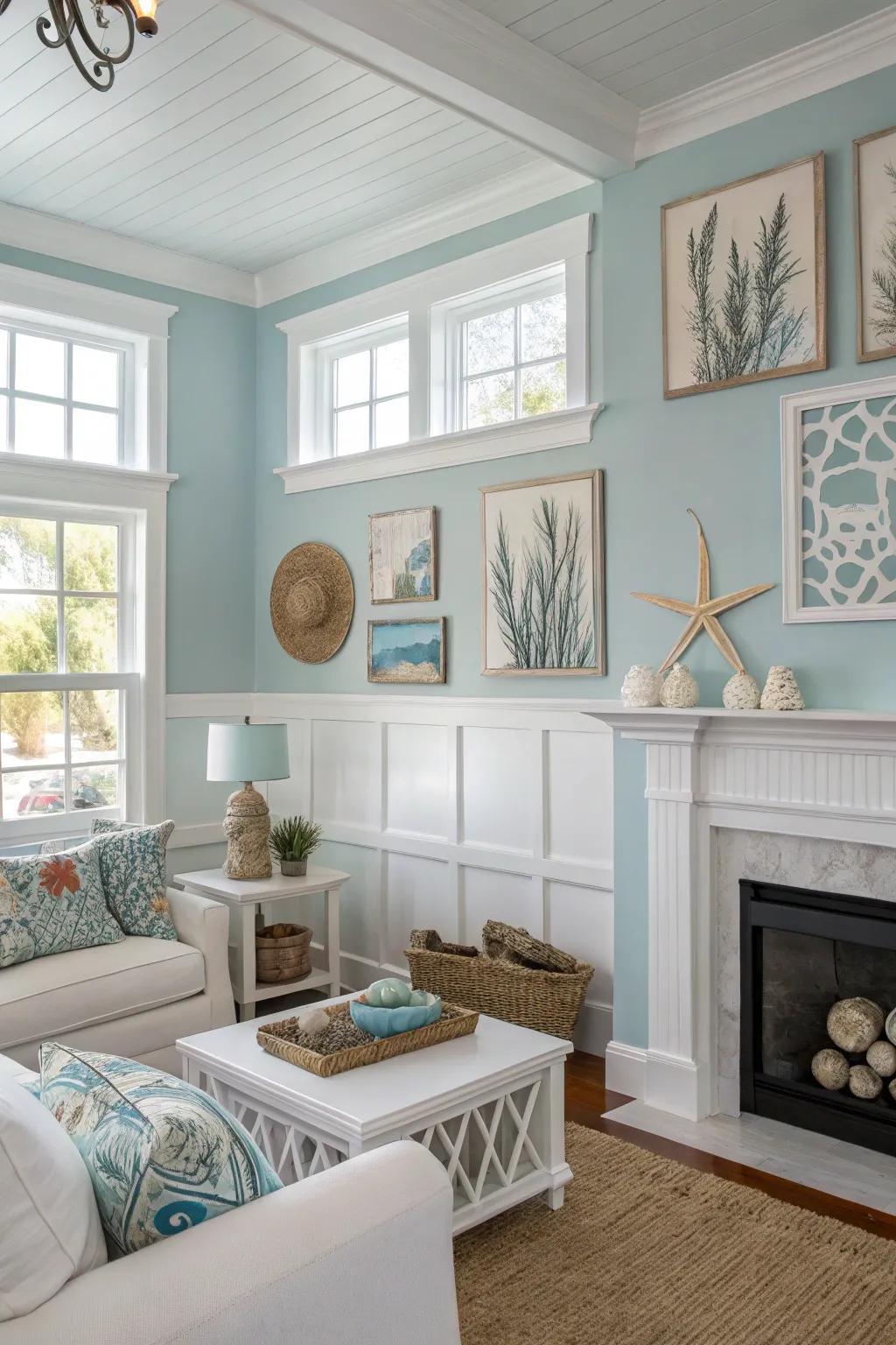 Light and airy with light blue walls and white trim.