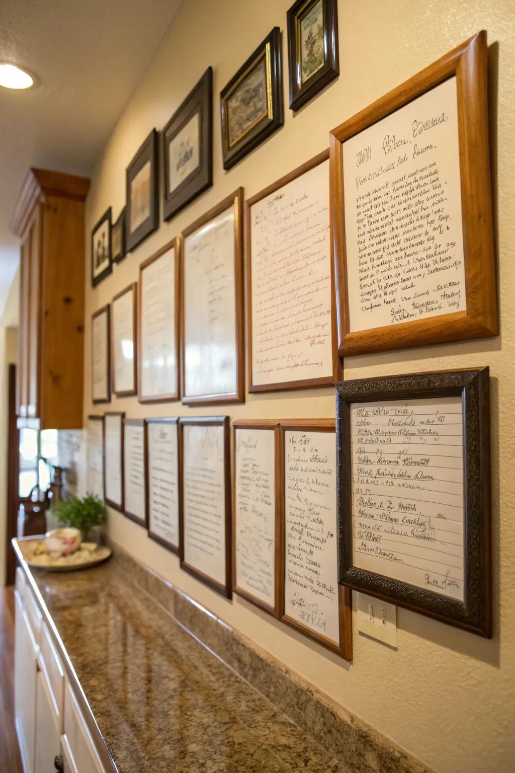 Framed recipes add a personal and nostalgic element.