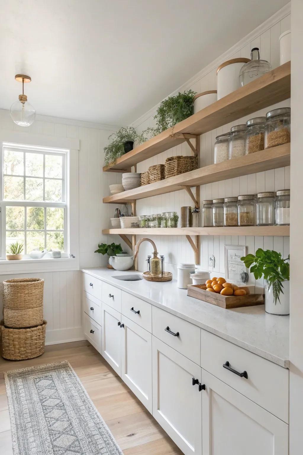 Floating shelves creating a light and airy pantry.