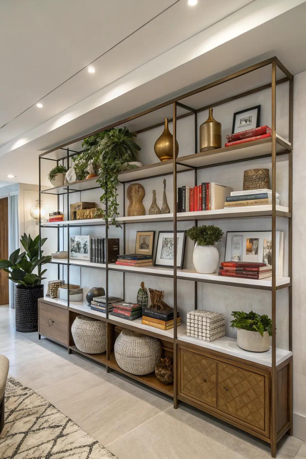 Create movement with multi-level shelf arrangements.