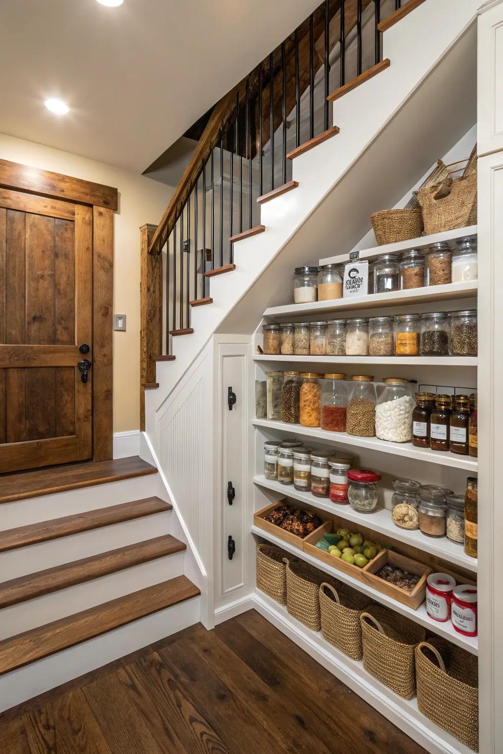 A hidden pantry under the stairs offers practical storage.