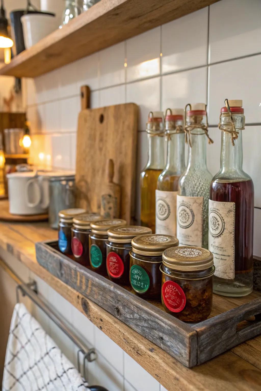 Bottles and jars adorned with wax seals, offering a rustic and stylish touch to your kitchen decor.