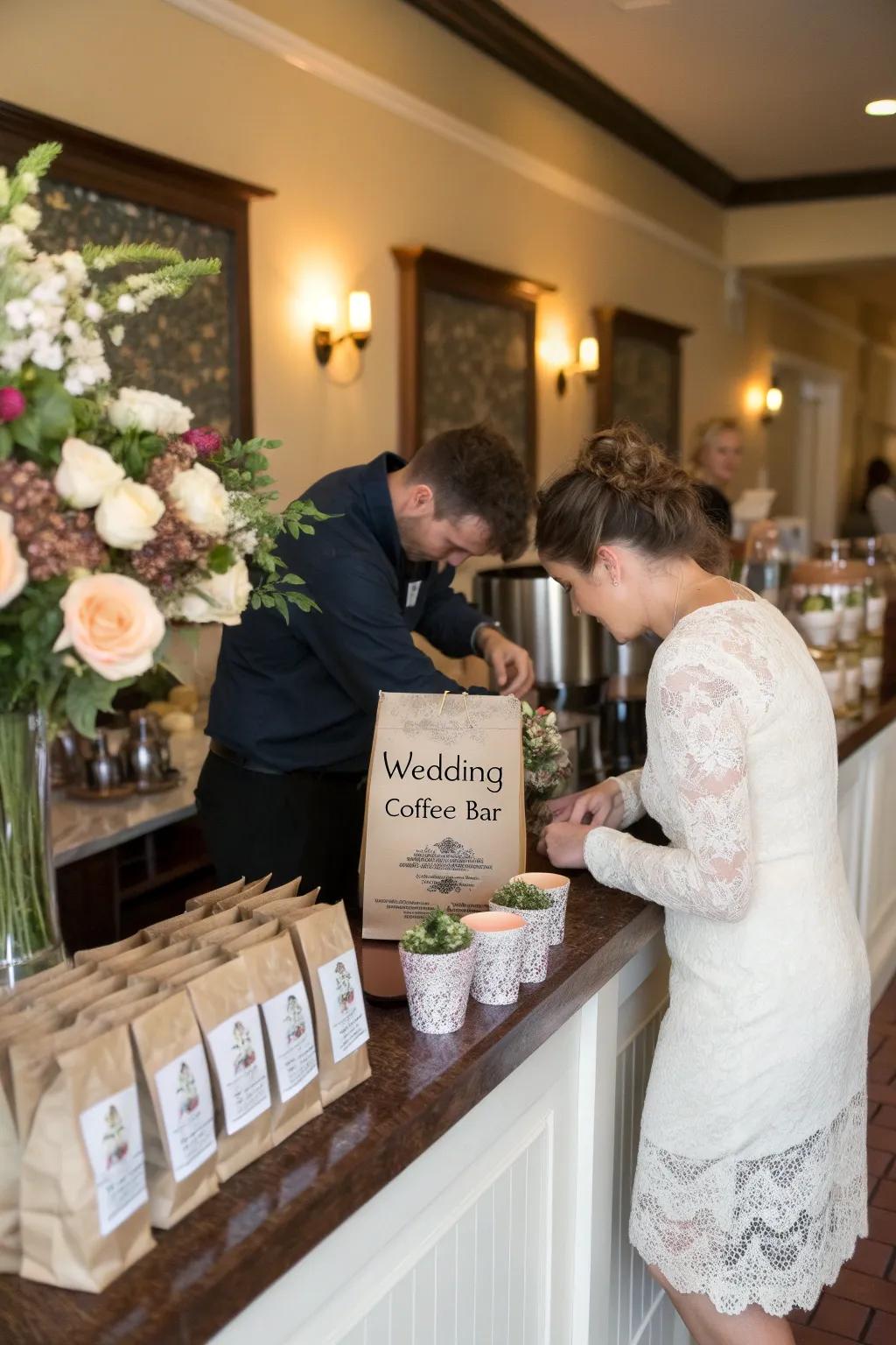 Coffee grounds as wedding favors at a coffee bar.