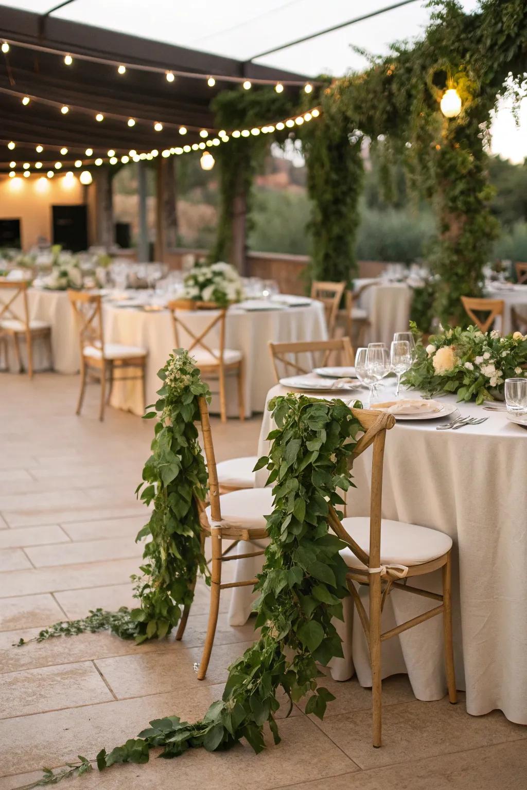 Wedding tables and chairs beautifully adorned with lush greenery garlands.