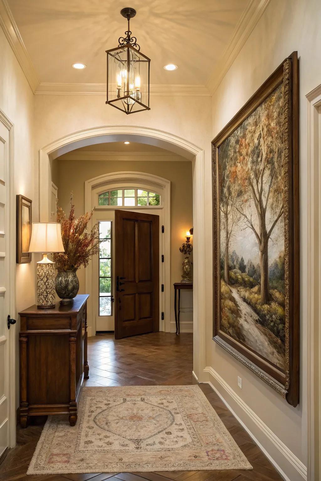 A painting with hidden details that invites exploration in a welcoming entryway.