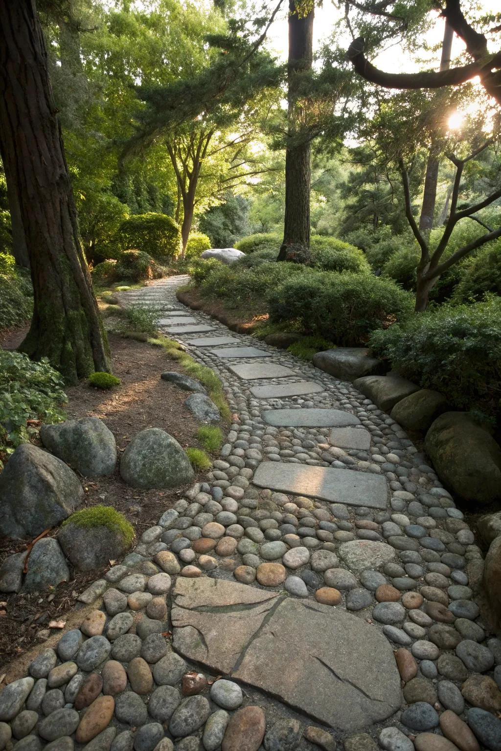 River stones add tranquility and a Zen feel to flagstone paths.