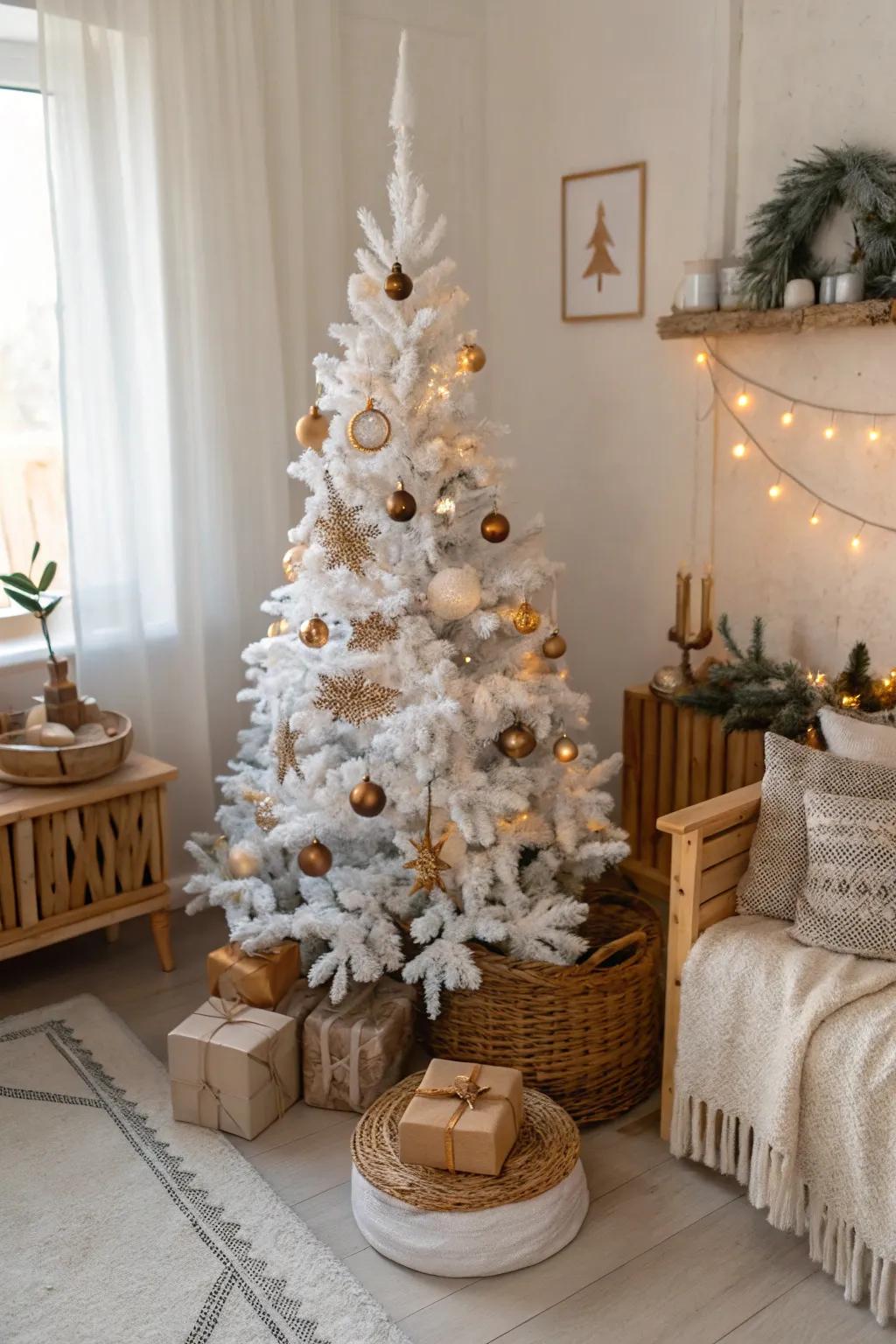 Nordic simplicity with wood and felt on a white Christmas tree.