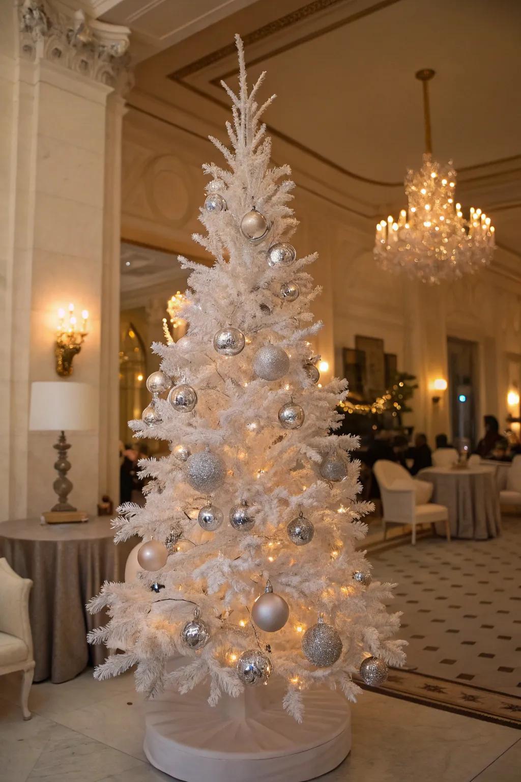 A sparkling silver-themed white pencil tree with glittering decorations.