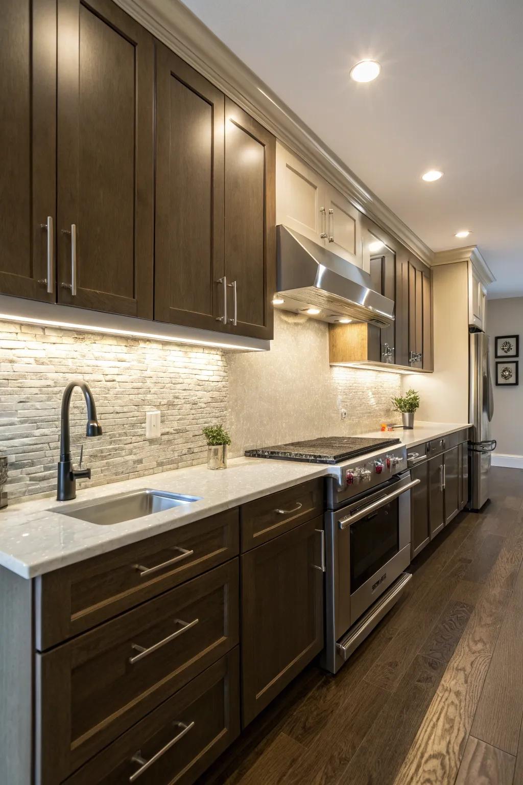 Quartz backsplash beautifully highlighted with under-cabinet lighting.