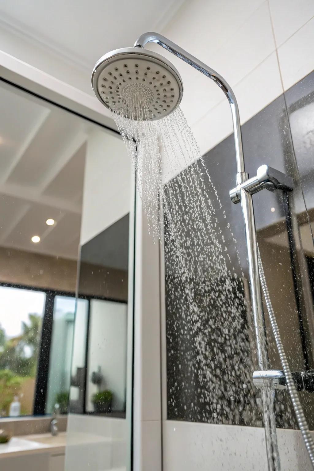 A large mirror enhancing light and space in a white shower.